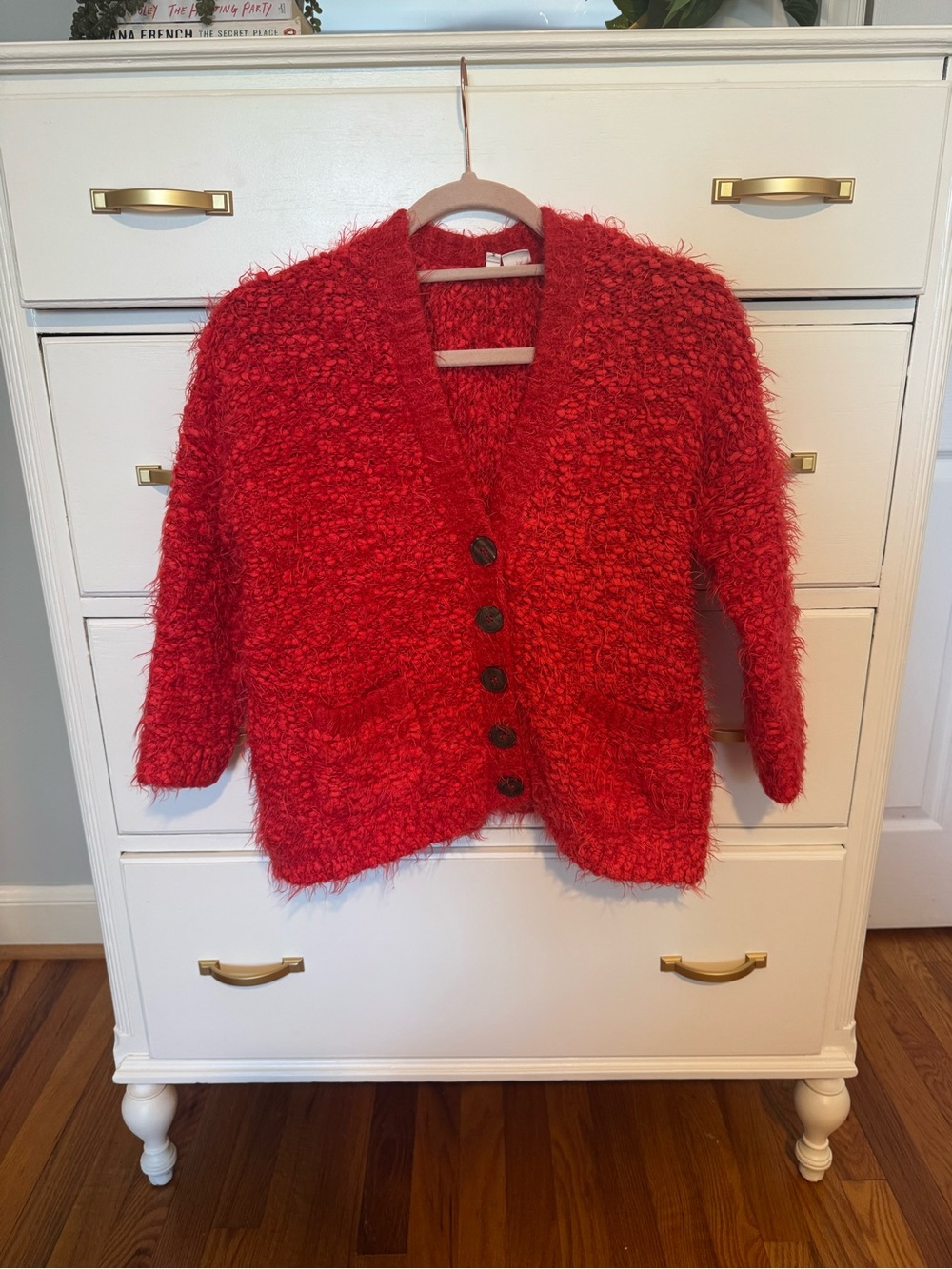 Moth Red Fuzzy Button-Front Cardigan